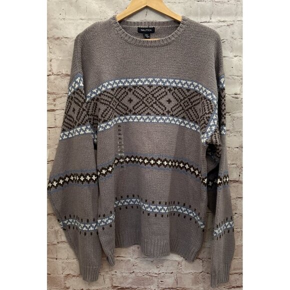 Nautica Mens XL Classic Fair Isle Crewneck Sweater Gray Blue Cotton Lambswool - Picture 1 of 4